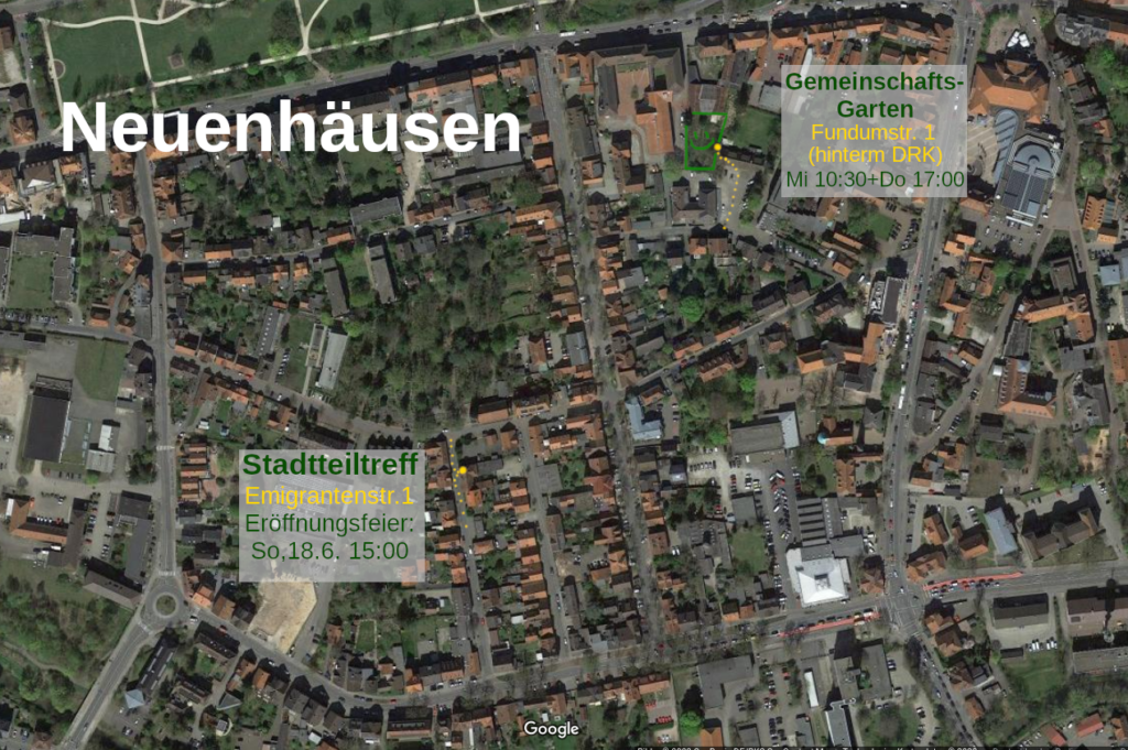 Karte von Neuenhäusen: Gemeinschaftsgarten hinter Fundumstraße 1 und Stadtteiltreff Emigrantenstraße 1