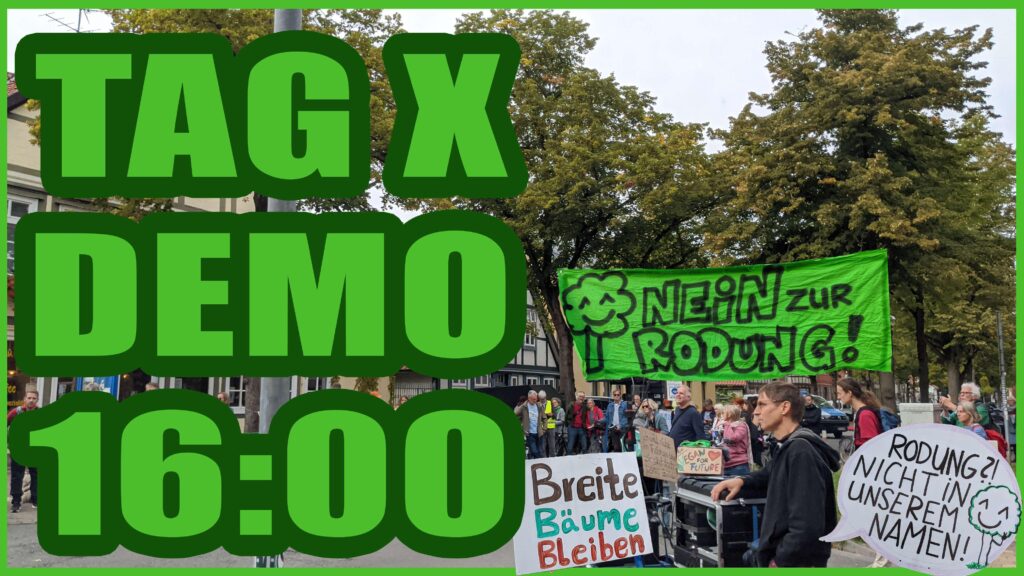 Foto einer Klimastreik-Demo in der Breiten Straße, Text; Tag X Demo 16 Uhr
